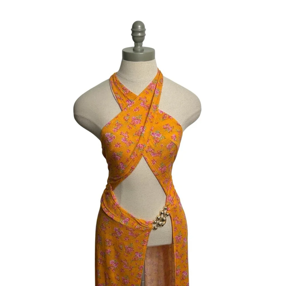 Beach Bunny Swimwear Sadie Orange Floral Midi Dress Beach Coverup Size Medium